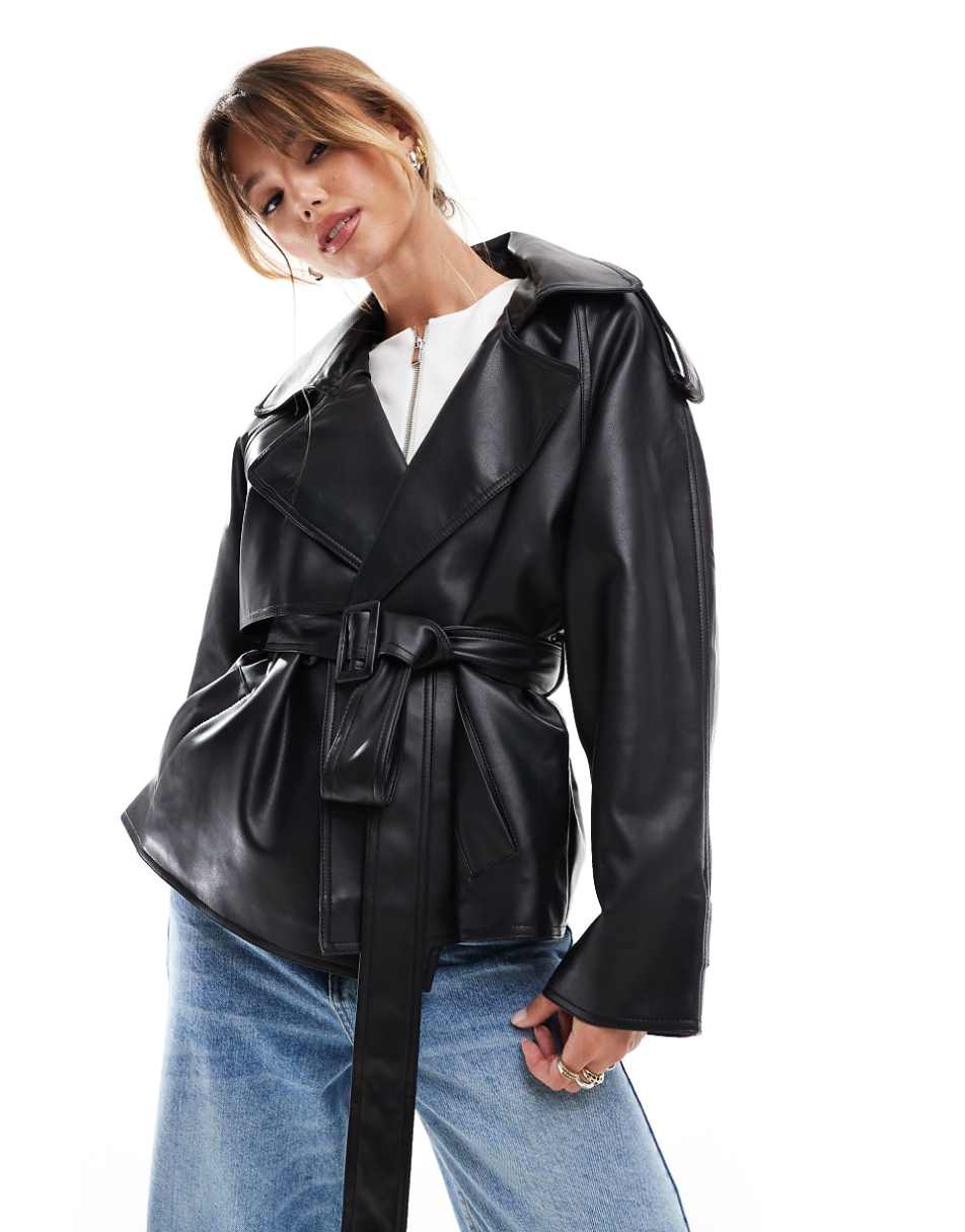 ASOS DESIGN leather look trench coat in black