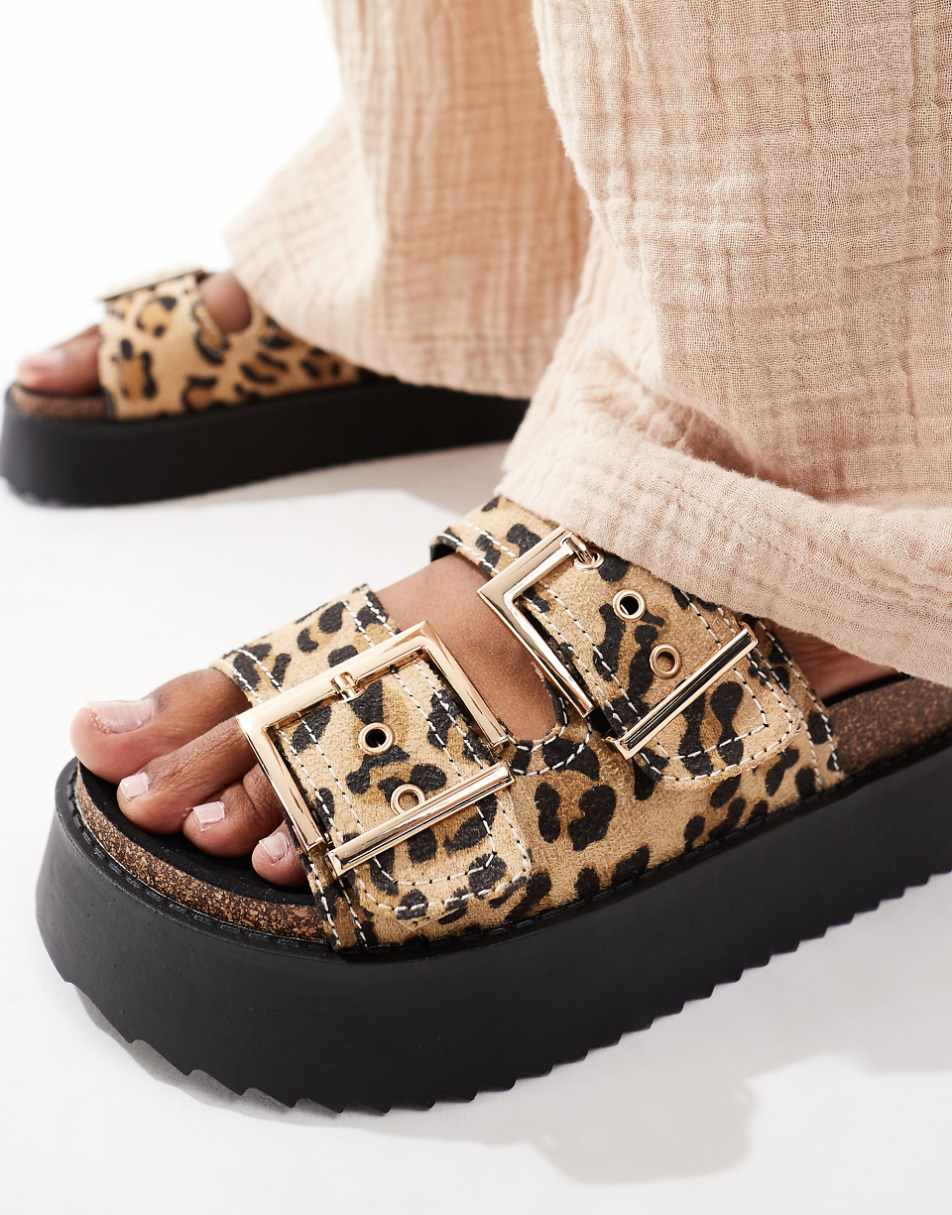 ASOS DESIGN Firecracker double strap footbed flat sandals in leopard