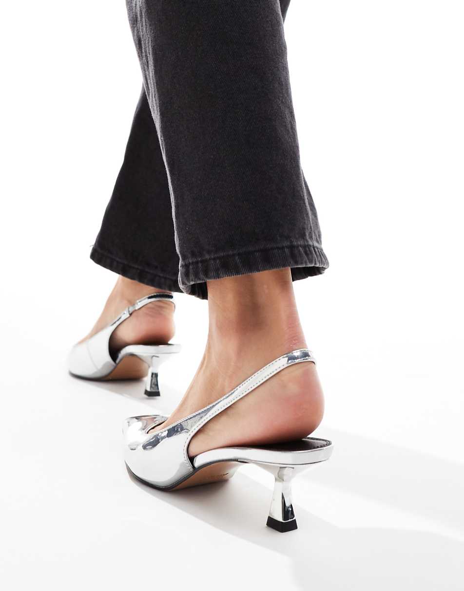 ASOS DESIGN Stroll slingback kitten heel shoes in silver