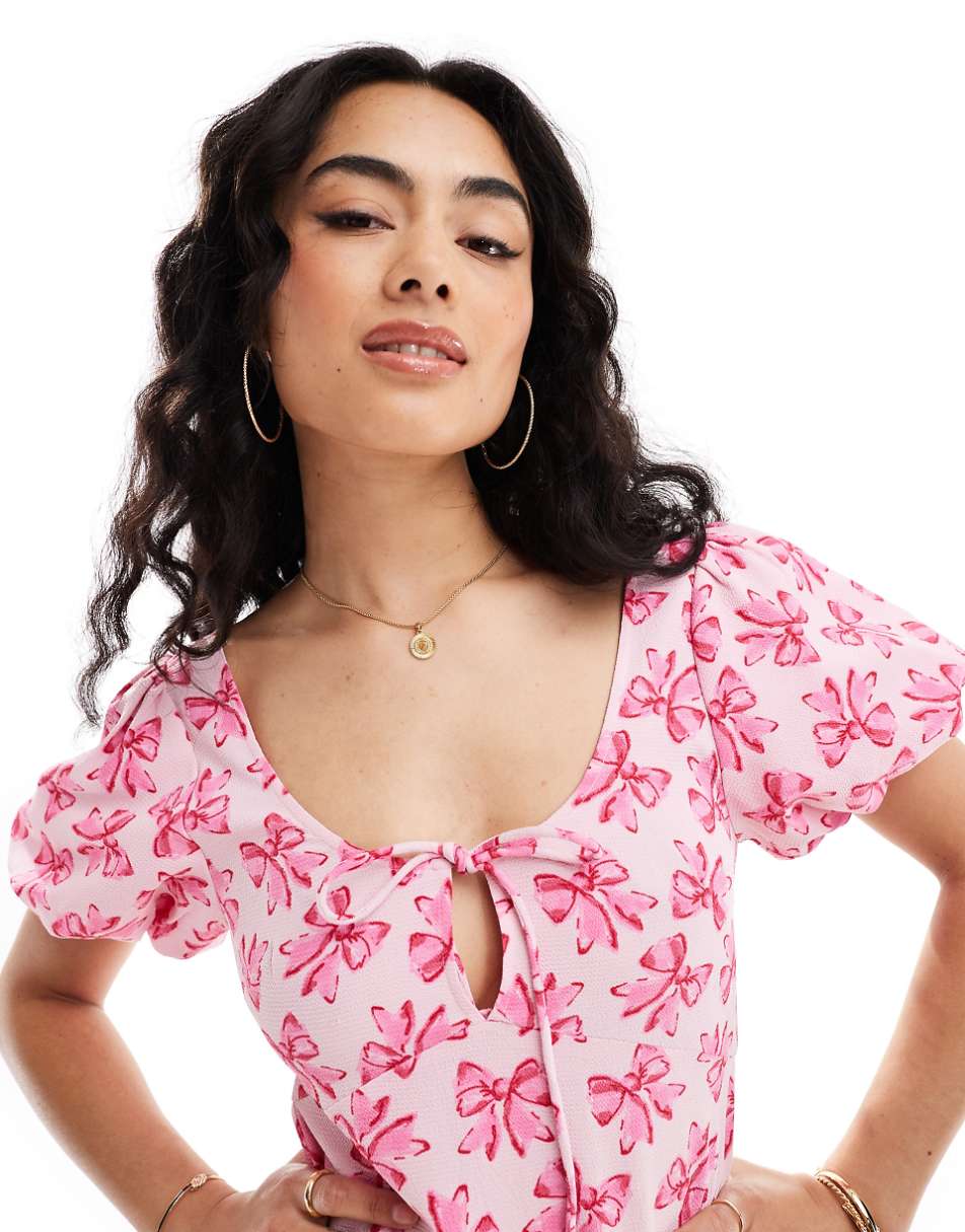 ASOS DESIGN puff sleeve mini tea dress in pink bow print