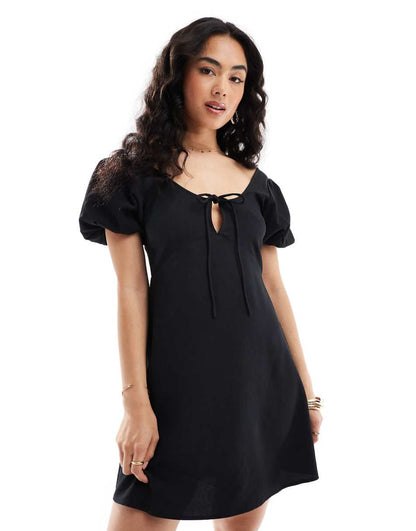 ASOS DESIGN puff sleeve mini tea dress in black