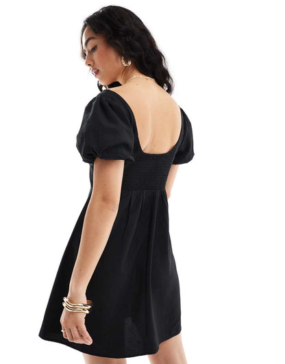 ASOS DESIGN puff sleeve mini tea dress in black