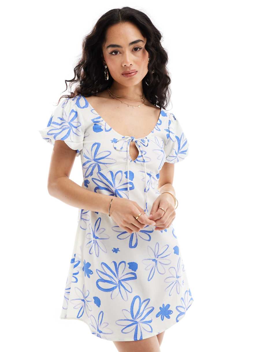 ASOS DESIGN puff sleeve mini tea dress in cream blue floral print