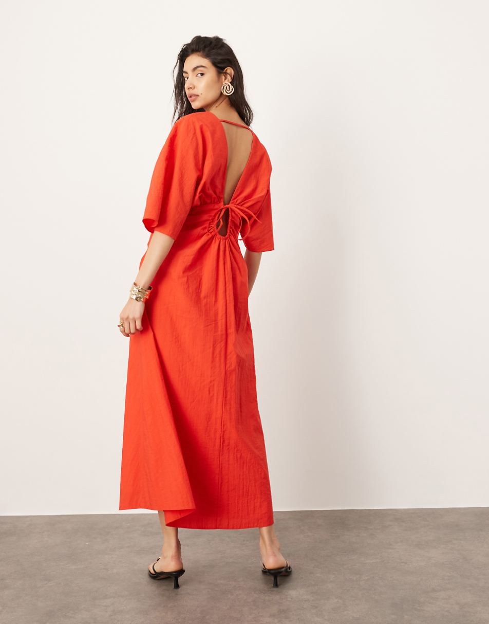 ASOS EDITION textured wide sleeve midi dress with ruched waist in red