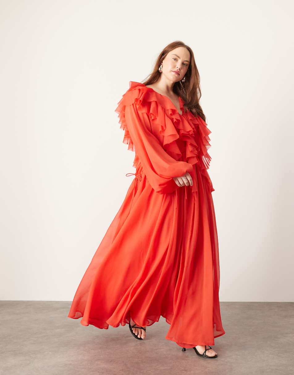 ASOS EDITION Curve raw edge ruffle maxi dress with drawstring waist in red