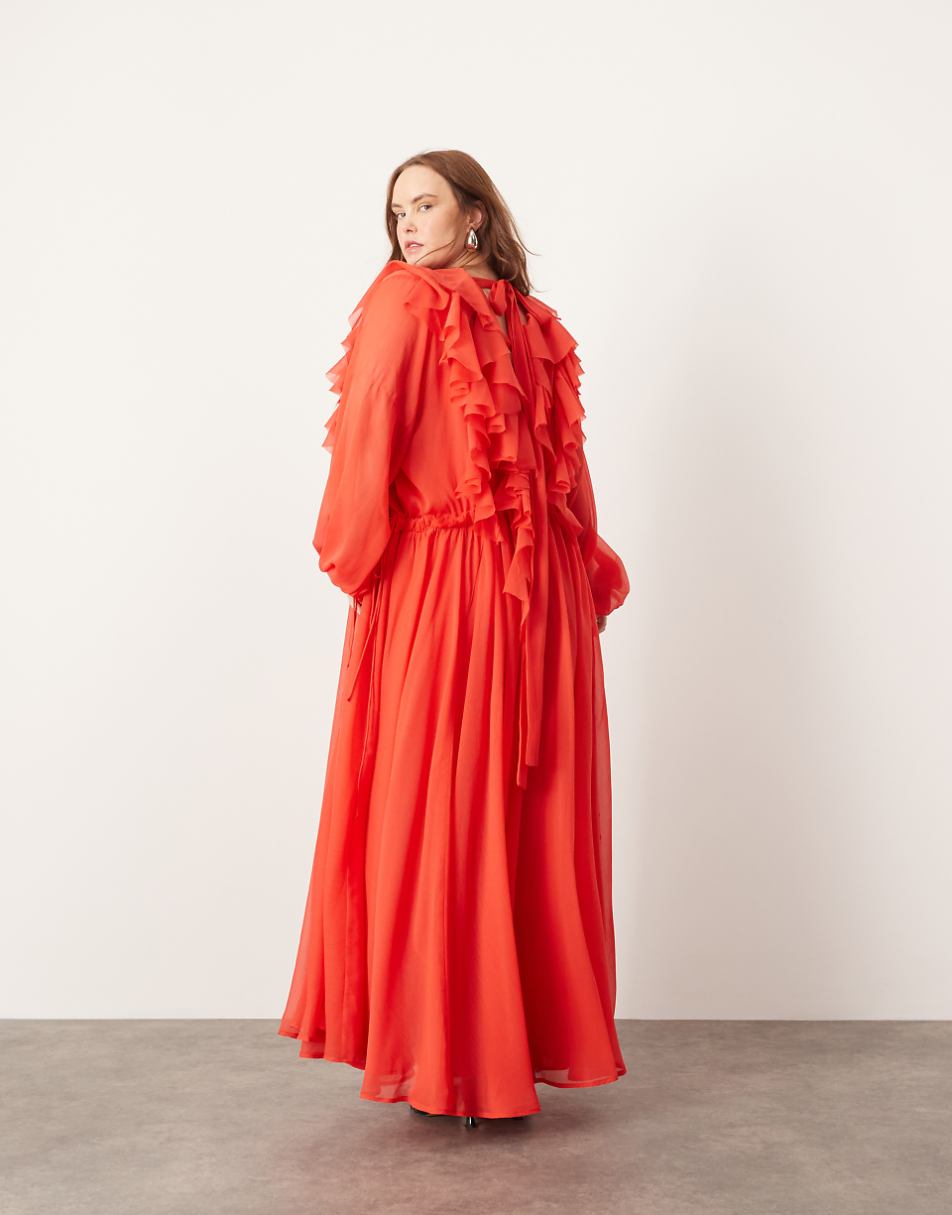 ASOS EDITION Curve raw edge ruffle maxi dress with drawstring waist in red