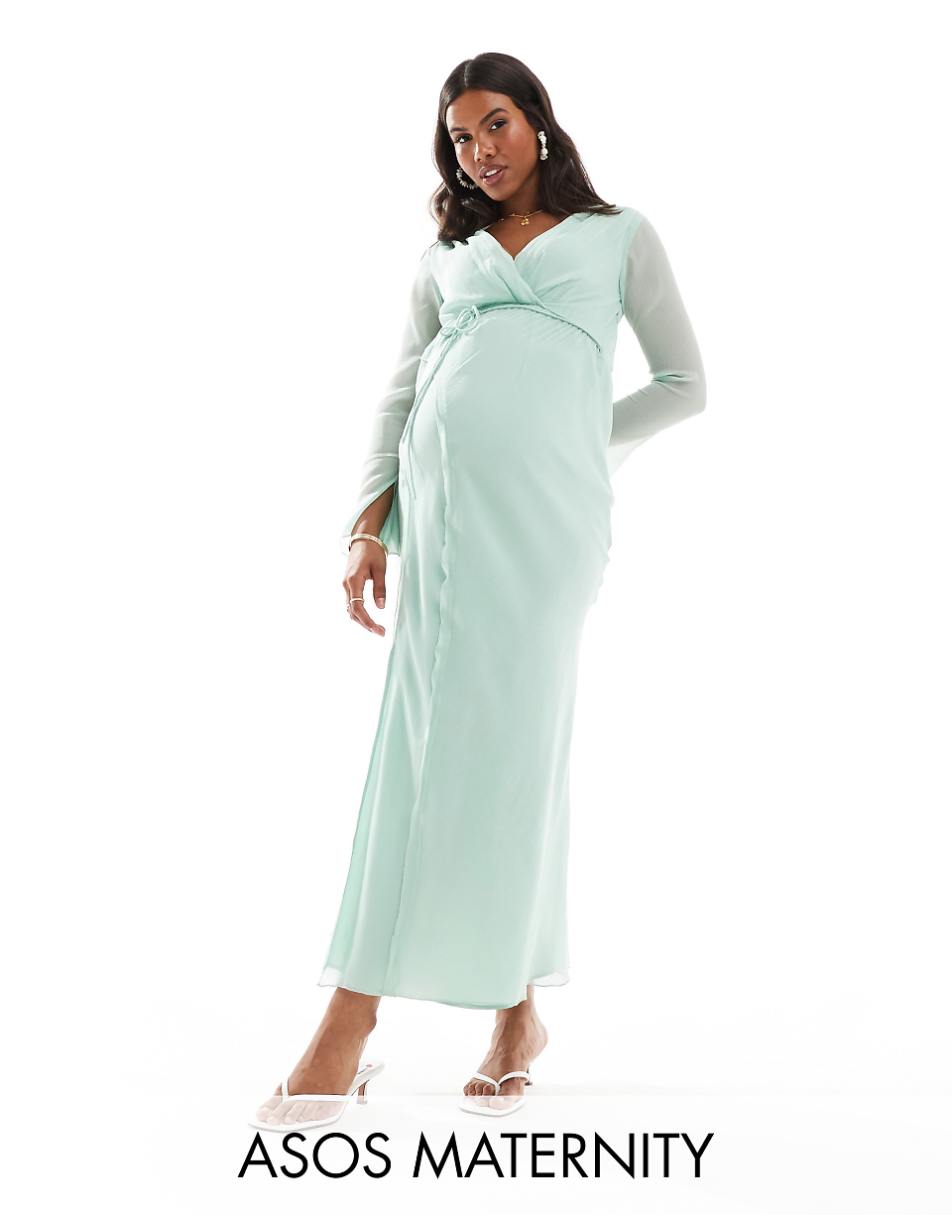 ASOS DESIGN Maternity wrap front midi dress with seaming details in sage green