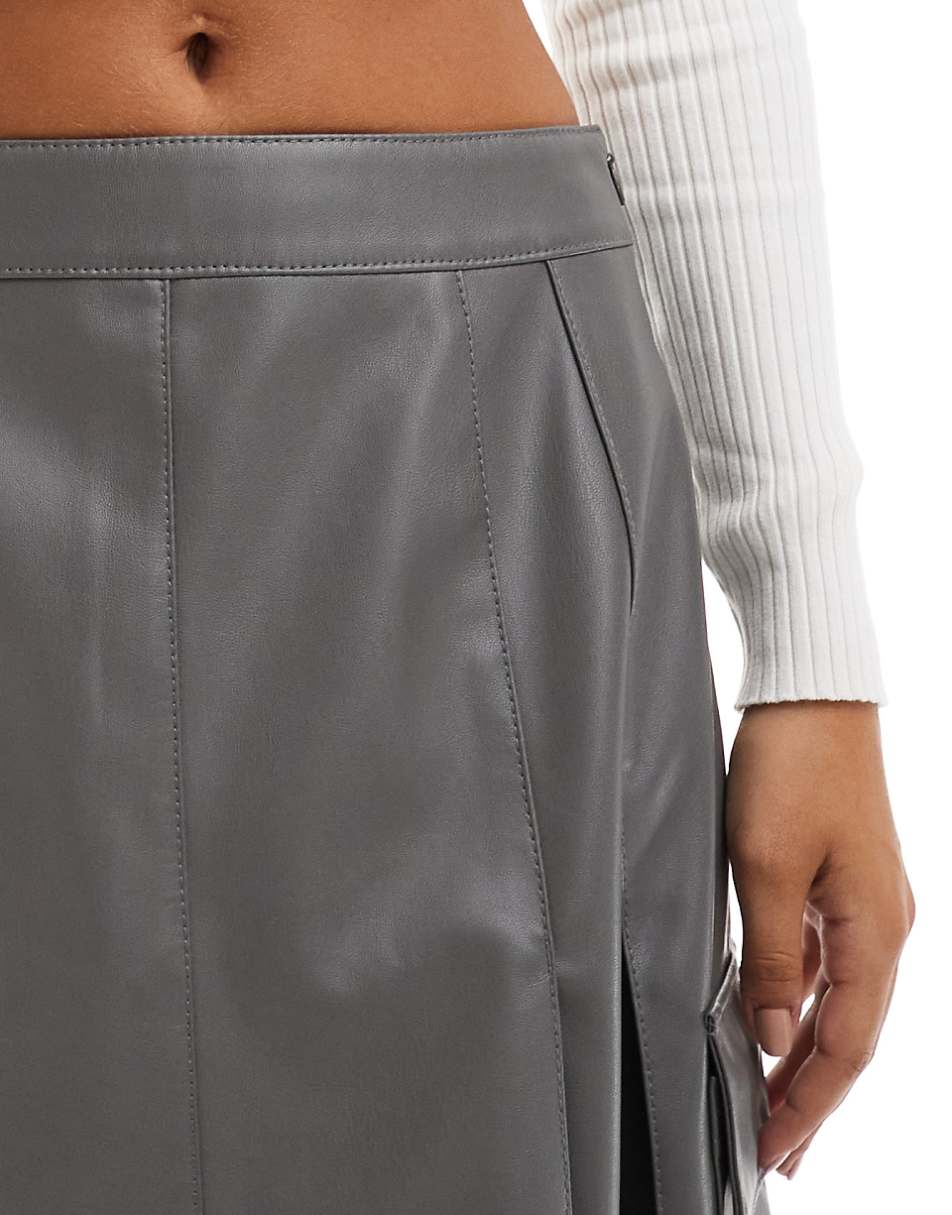 ASOS DESIGN faux leather pocket detail pleated midi skirt in gray