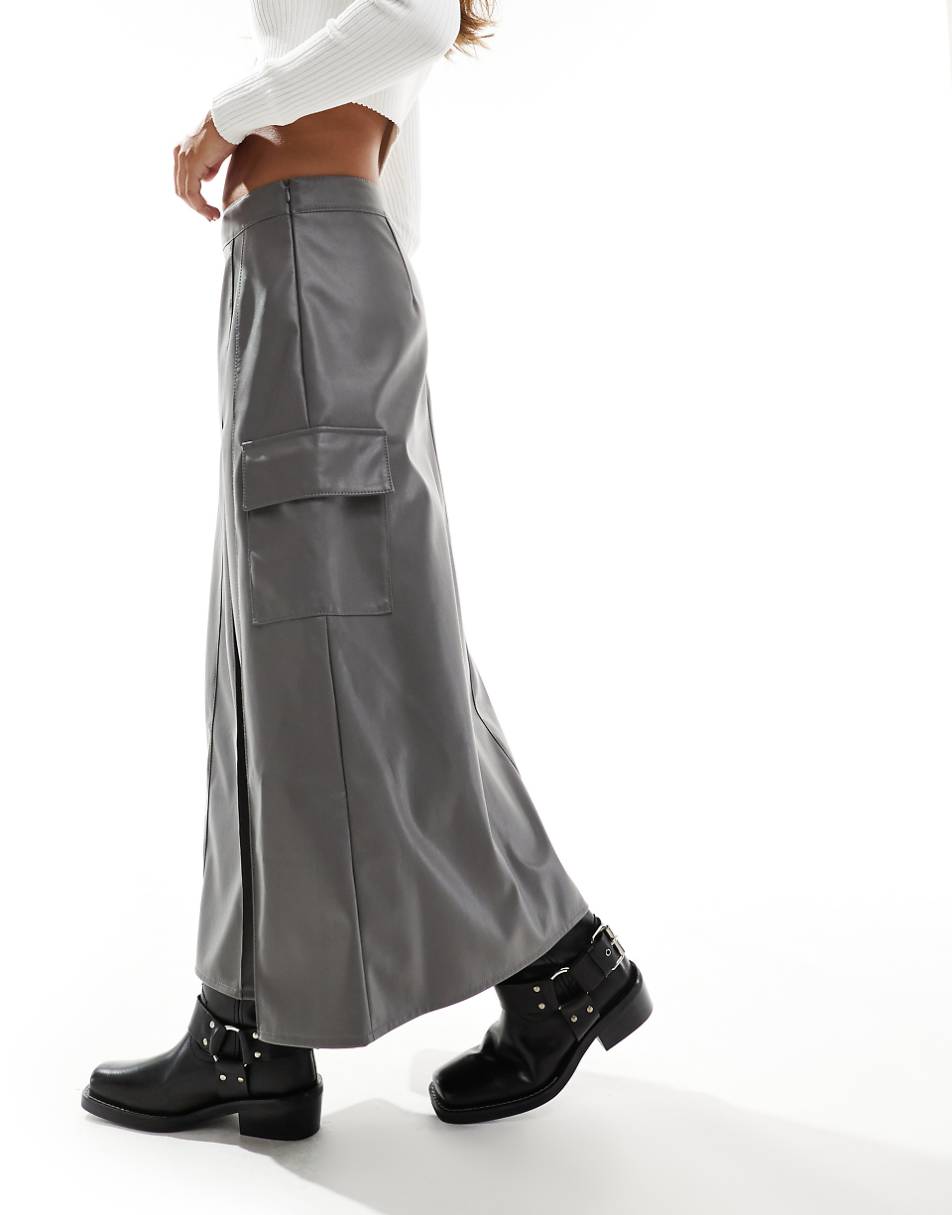 ASOS DESIGN faux leather pocket detail pleated midi skirt in gray