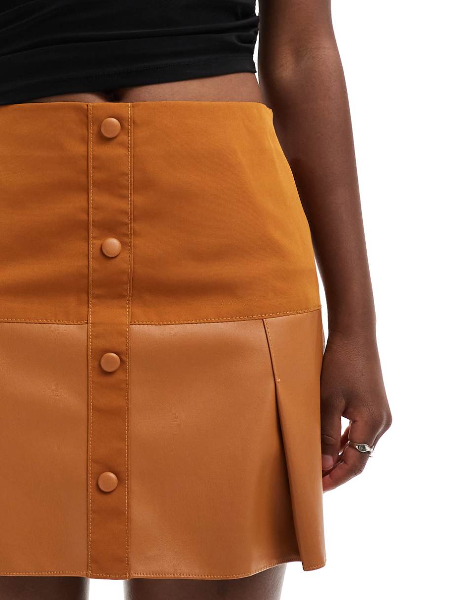 ASOS DESIGN faux leather woven mix pleated mini skirt in tan