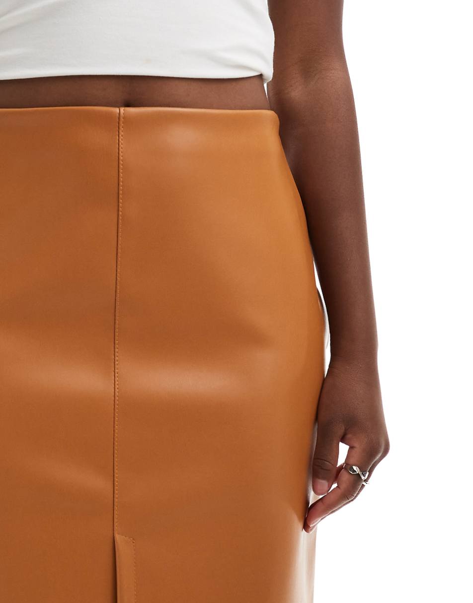 ASOS DESIGN faux leather split front midi skirt in tan