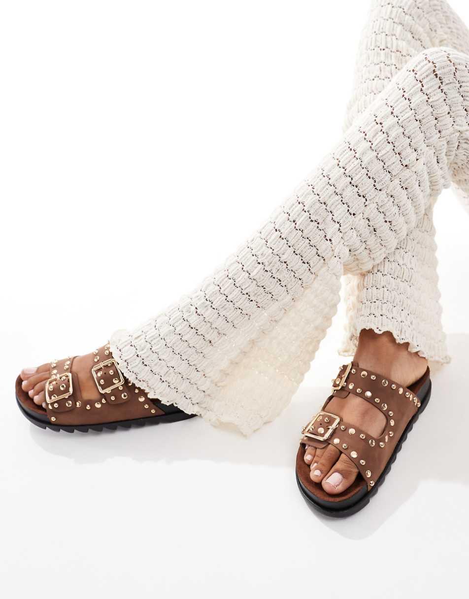 ASOS DESIGN Fantasy studded flat sandals in brown