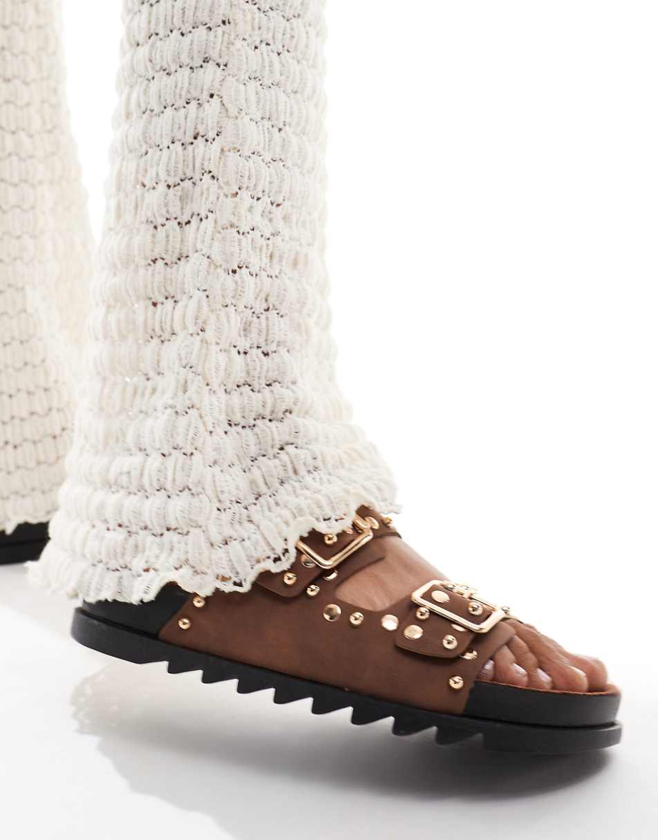 ASOS DESIGN Fantasy studded flat sandals in brown