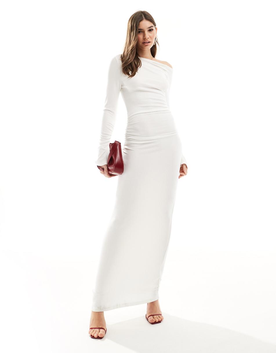 SNDYS fine ribbed off shoulder ruched detail maxi dress in white