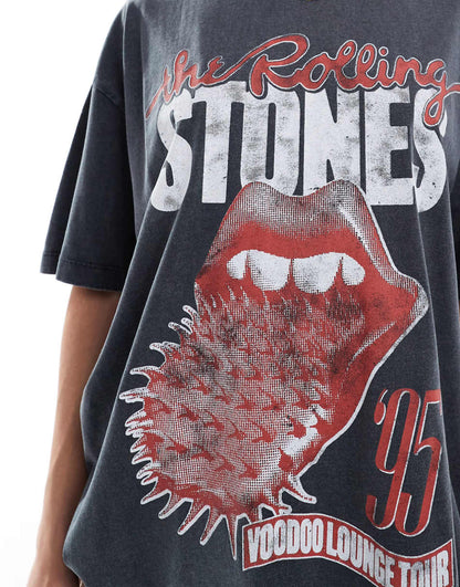 ASOS DESIGN unisex oversized licensed T-shirt with The Rolling Stones tour print in washed black