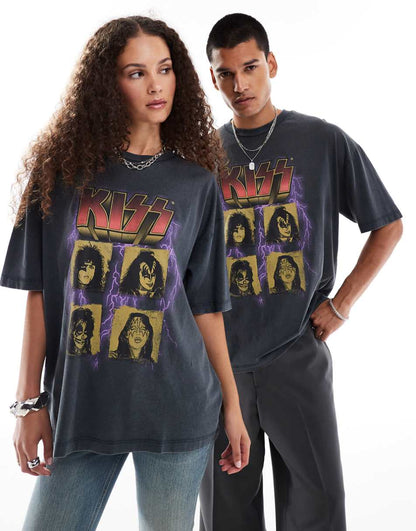 ASOS DESIGN unisex oversized licensed T-shirt with KISS band print in washed black