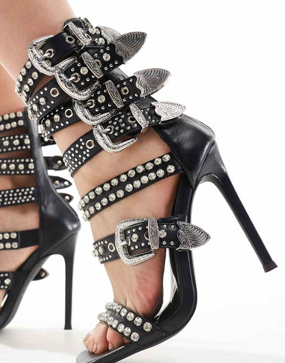 Azalea Wang Peppermint studded buckle heeled sandals in black