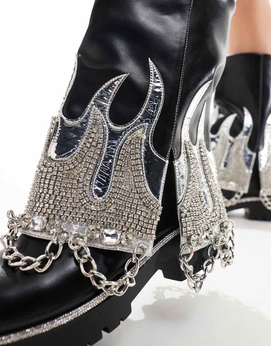 Azalea Wang Florentine silver flame embellished chunky foldover boots in black