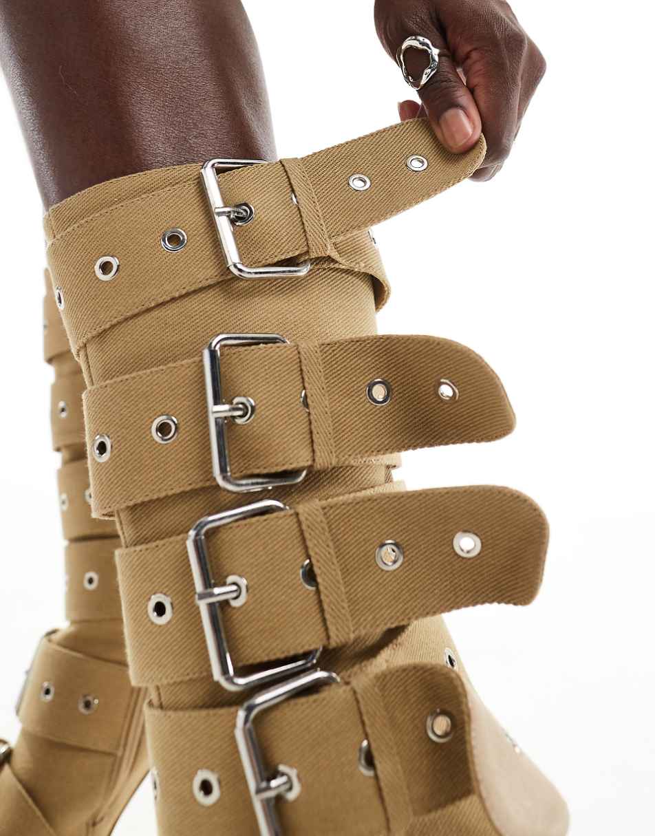 Azalea Wang Teaira buckle boots in beige