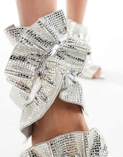 Azalea Wang Twizzler ruched embellished strap heeled sandals in silver