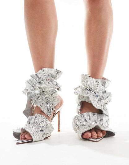 Azalea Wang Twizzler ruched embellished strap heeled sandals in silver