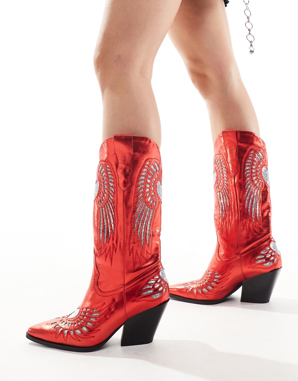 Azalea Wang Timothee western knee boots in metallic red