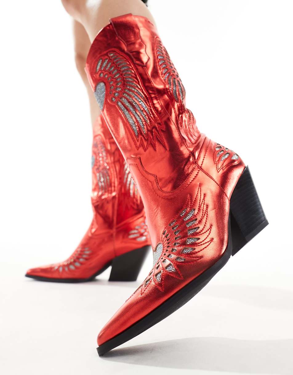 Azalea Wang Timothee western knee boots in metallic red