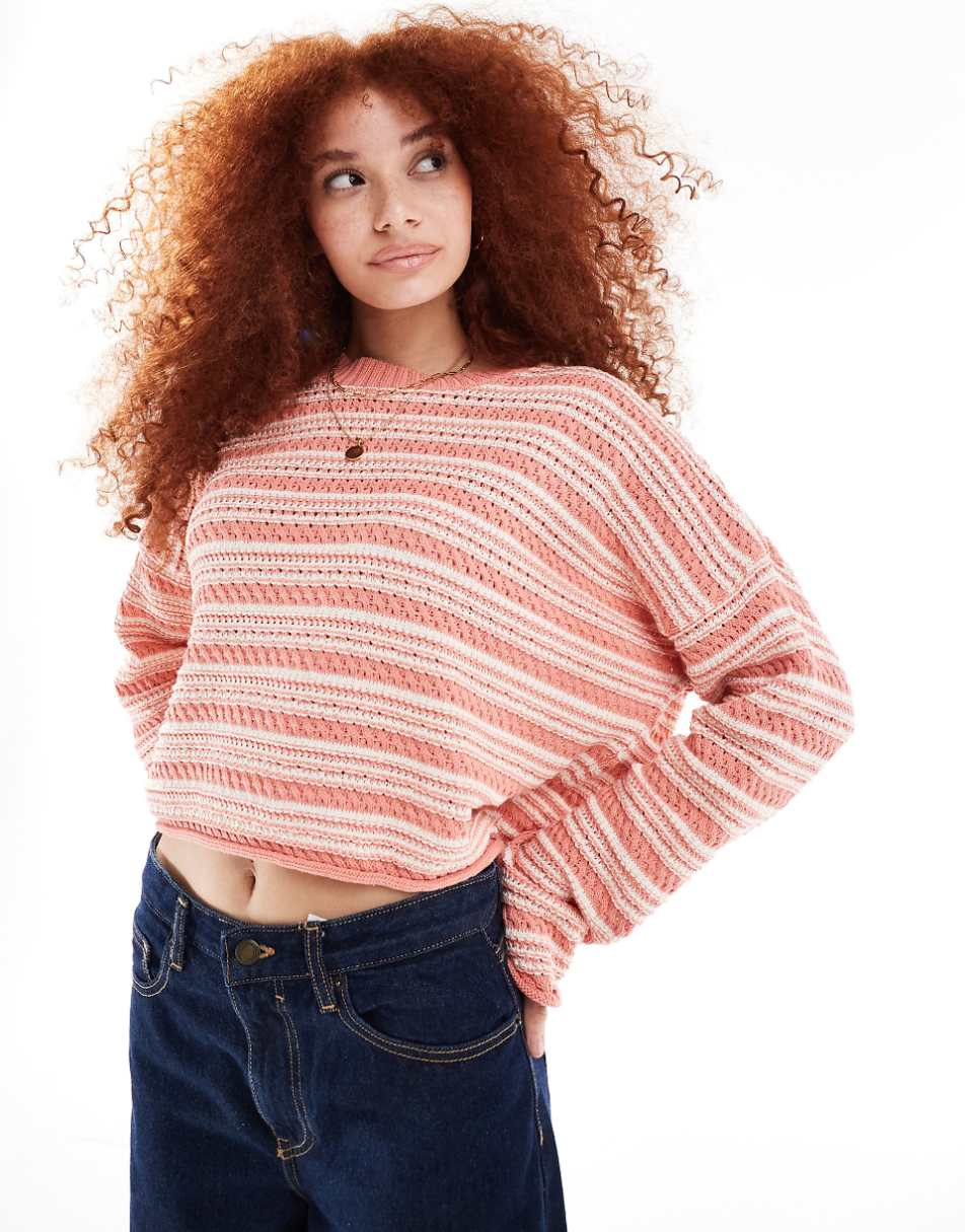 ASOS DESIGN cropped crew neck stitch sweater in peach stripe