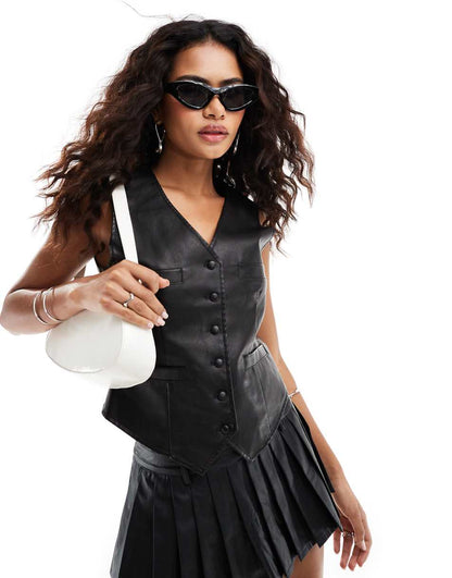 Lioness leather look vest in black