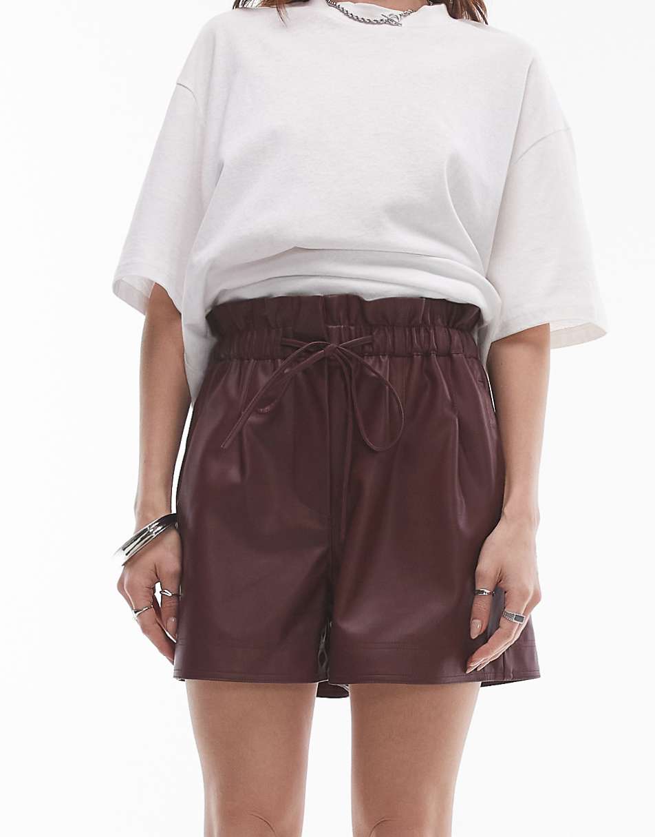 Topshop faux leather paperbag shorts in oxblood