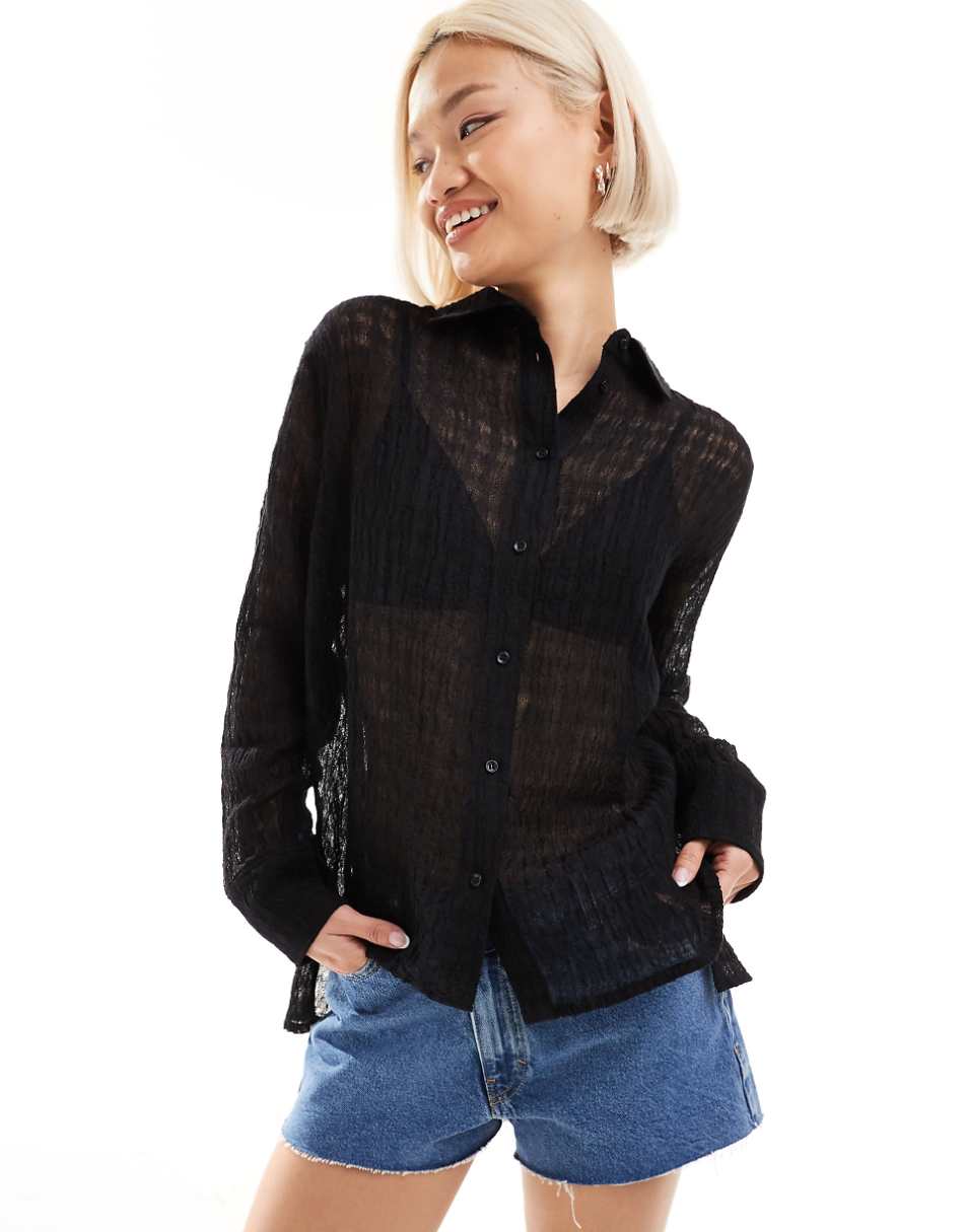 Weekday sheer textured linen mix shirt in black