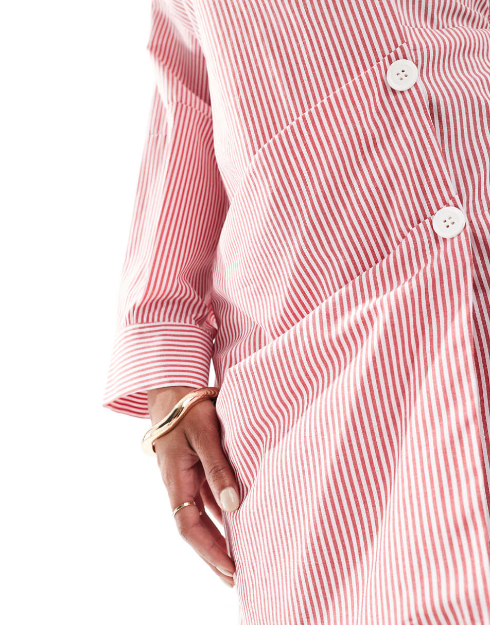 ASOS DESIGN asymmetric half wrap shirt with front button detail in cut about stripe