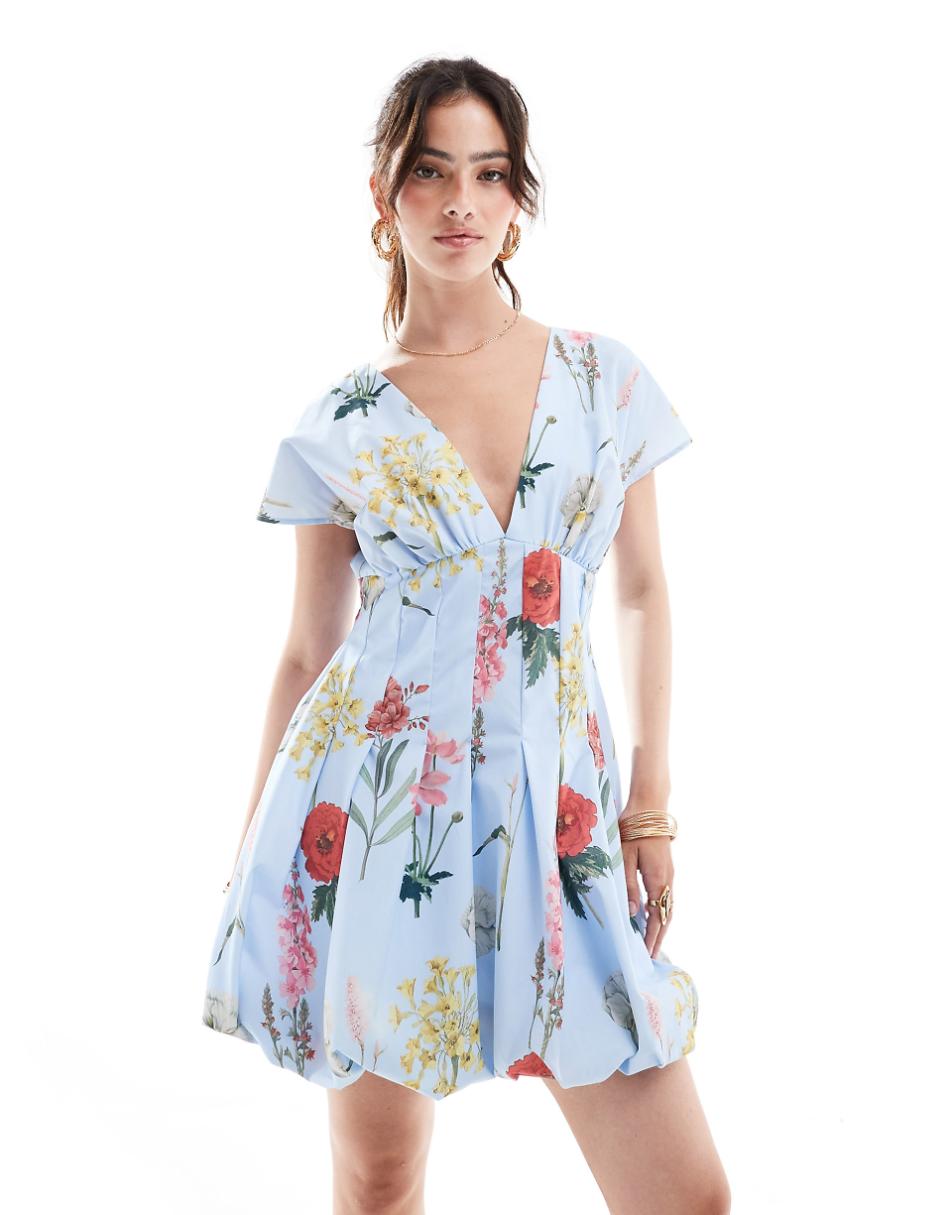 ASOS DESIGN mini short sleeve dress godet skirt in botanical floral print