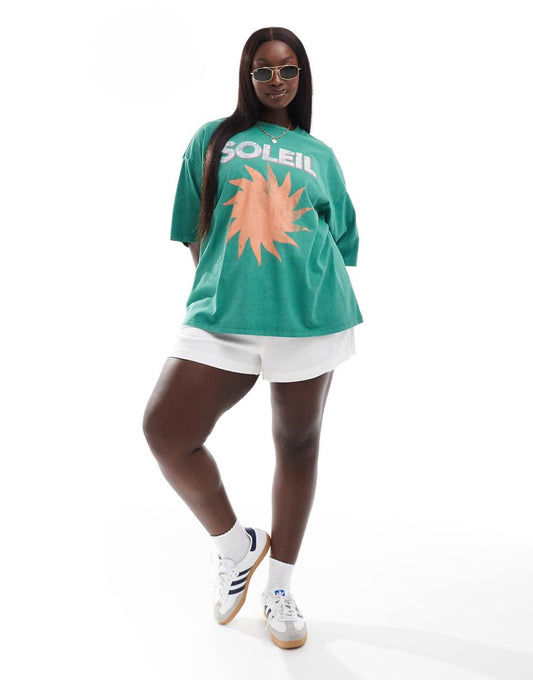 ASOS DESIGN Curve oversized T-shirt with soleil graphic in washed green