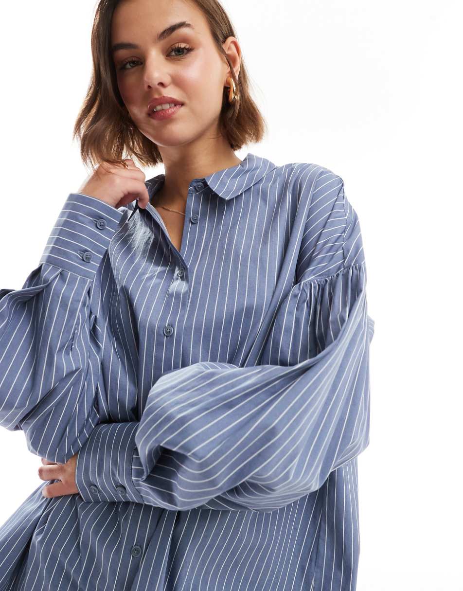 ASOS DESIGN boyfriend shirt mini dress with blouson sleeve in blue pinstripe