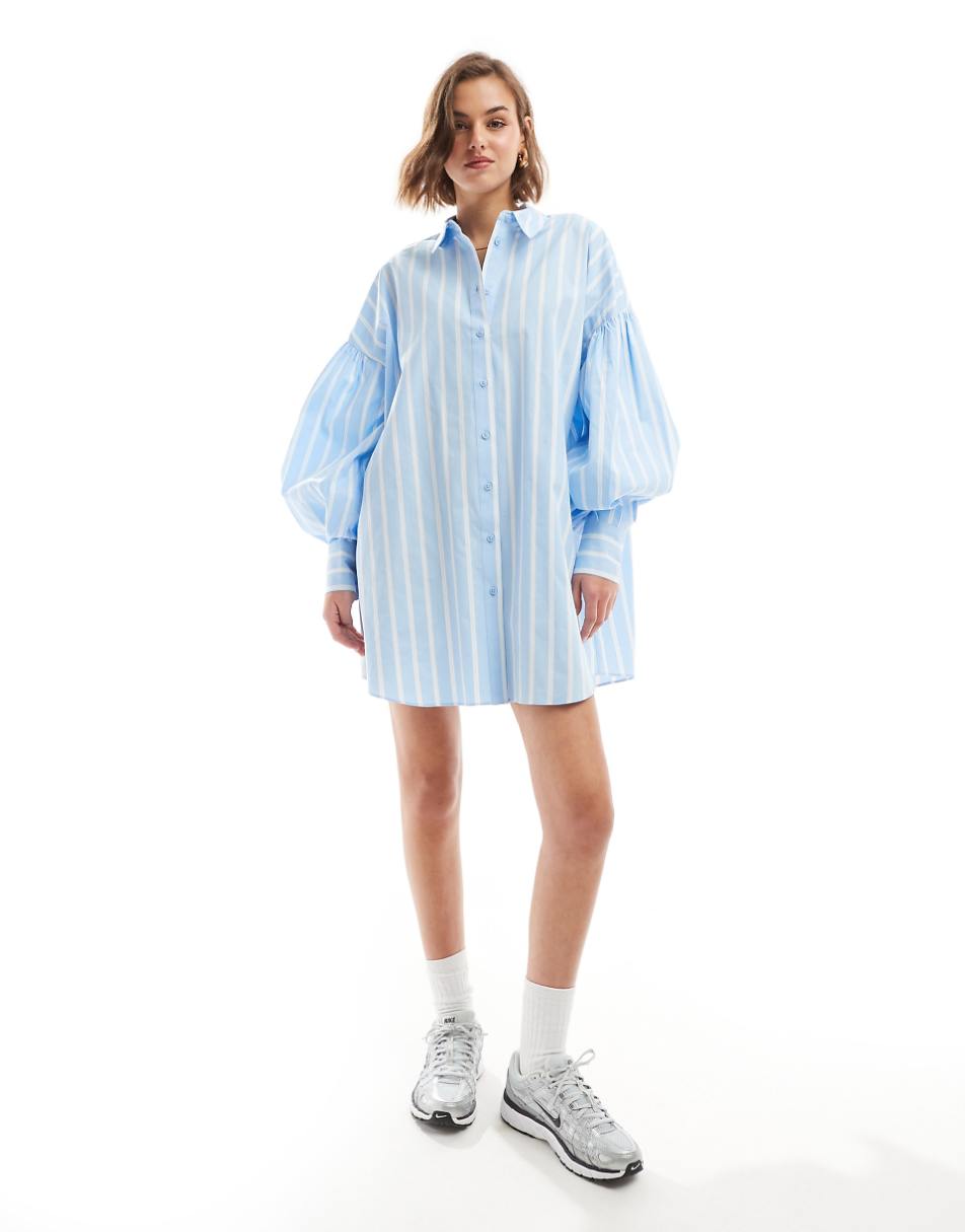 ASOS DESIGN boyfriend shirt mini dress with blouson sleeve in light blue & white stripe