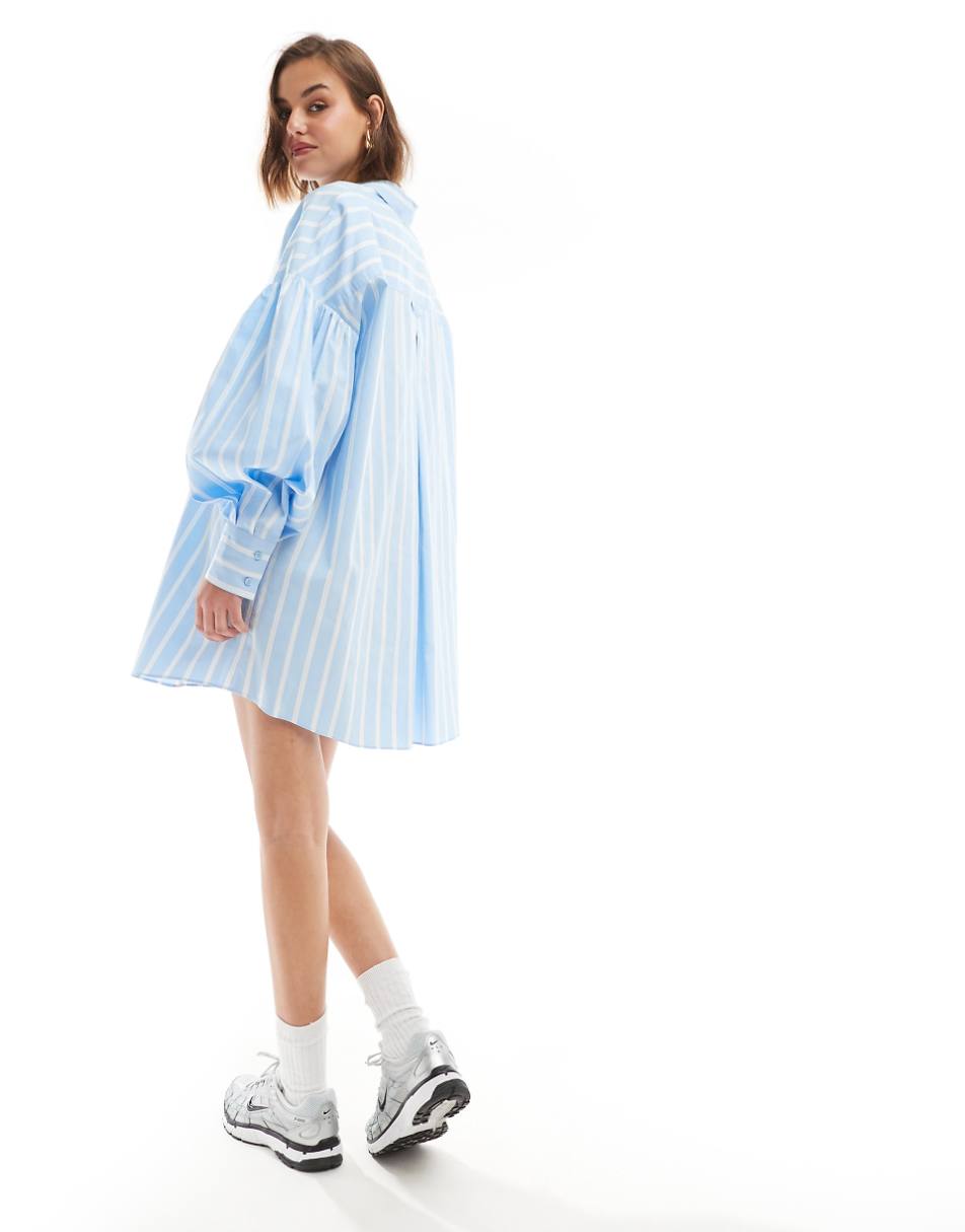 ASOS DESIGN boyfriend shirt mini dress with blouson sleeve in light blue & white stripe