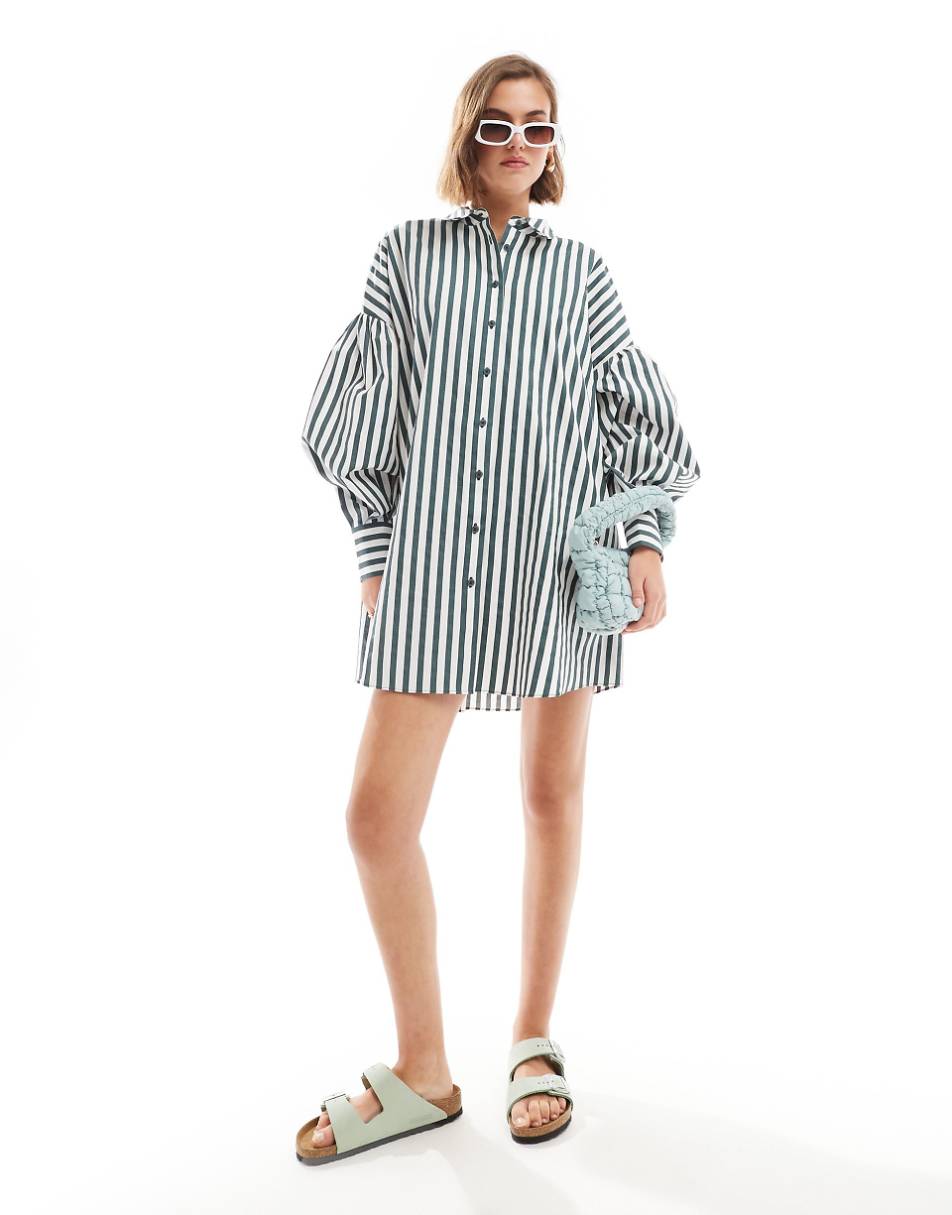 ASOS DESIGN boyfriend shirt mini dress with blouson sleeve in green stripe