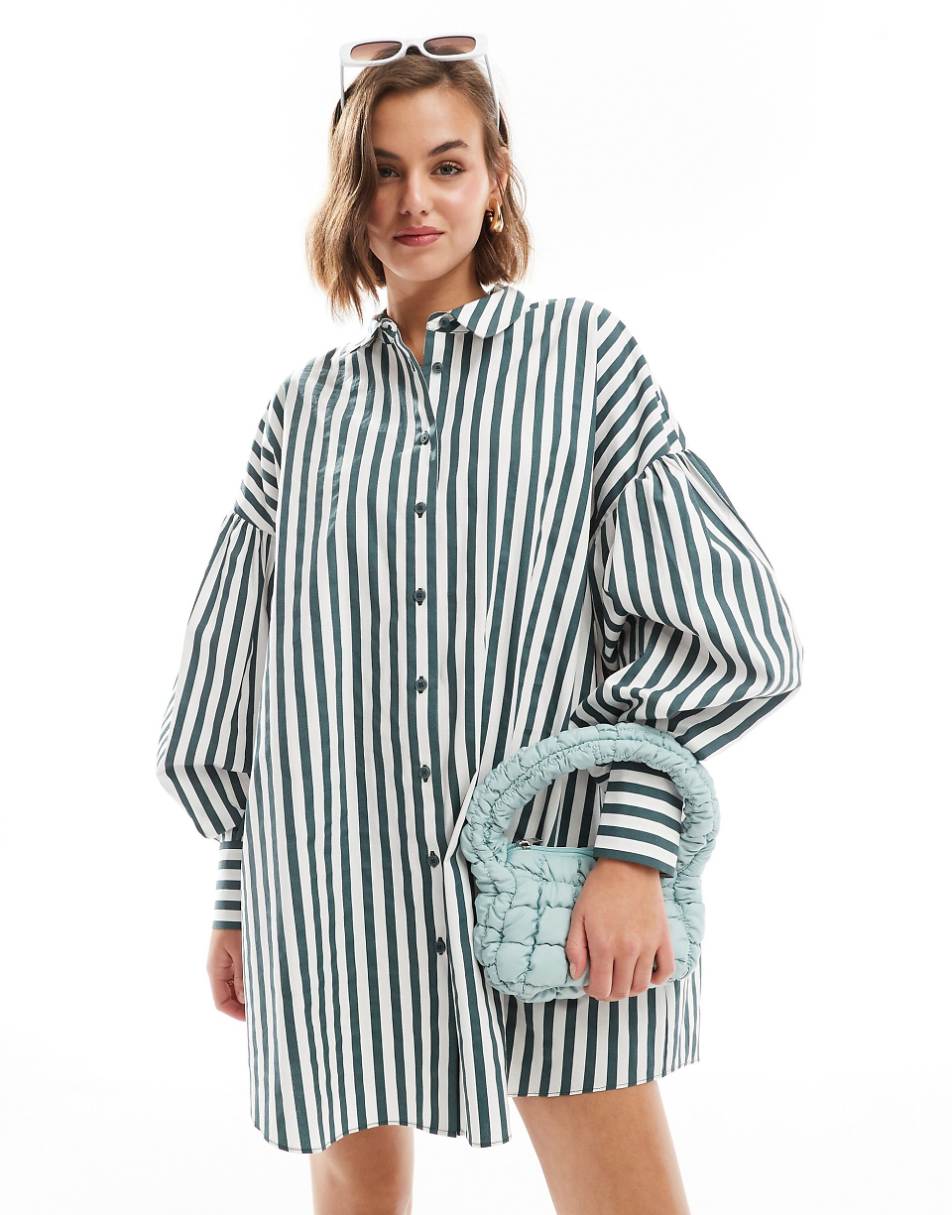 ASOS DESIGN boyfriend shirt mini dress with blouson sleeve in green stripe