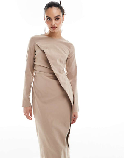 ASOS DESIGN bengaline ruched waist maxi dress in mushroom