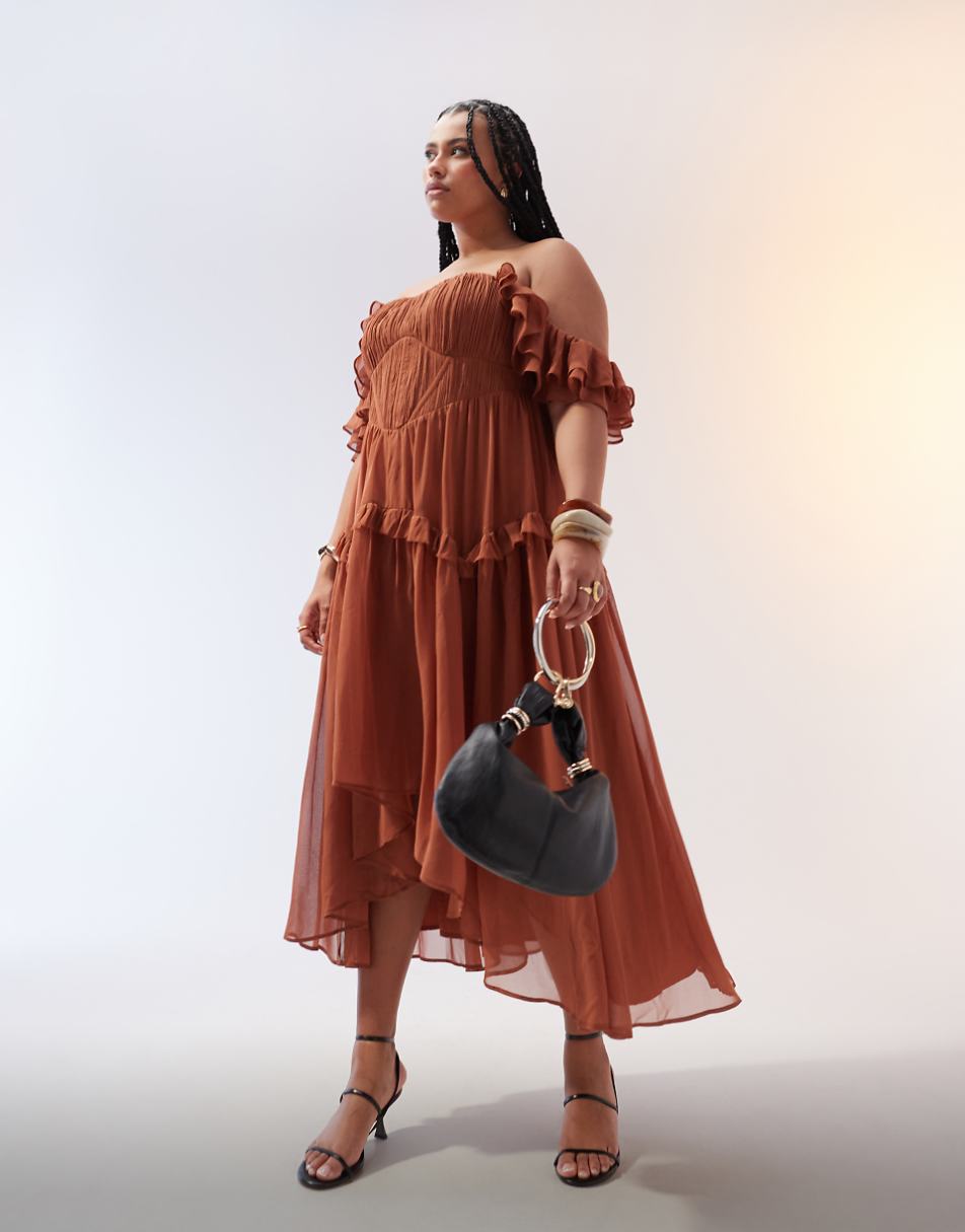 ASOS DESIGN Curve flutter sleeve high low midi dress in mocha