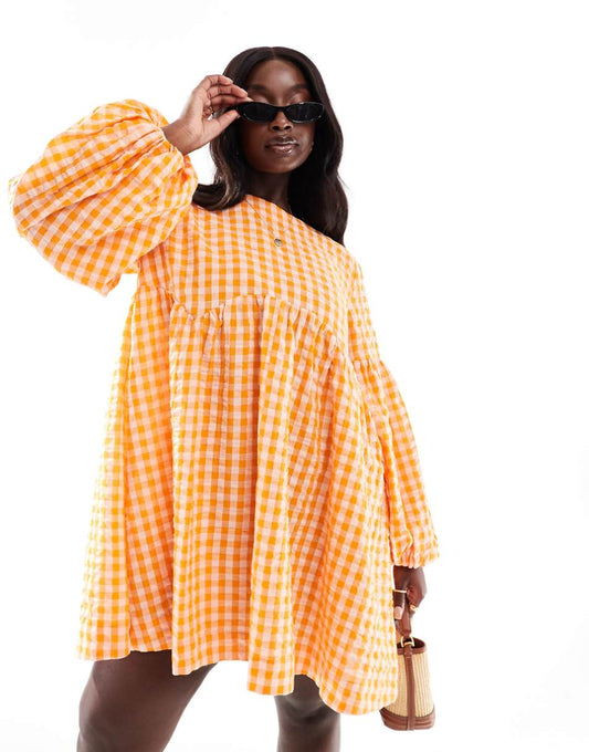 ASOS DESIGN Curve mini textured smock dress in orange and pink gingham