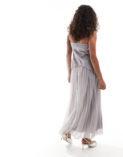 ASOS DESIGN Petite twill bandeau and chiffon pleated midi dress in gray
