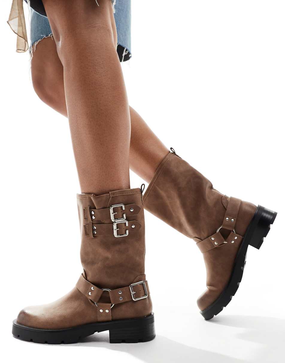 Glamorous harness biker boots in washed beige