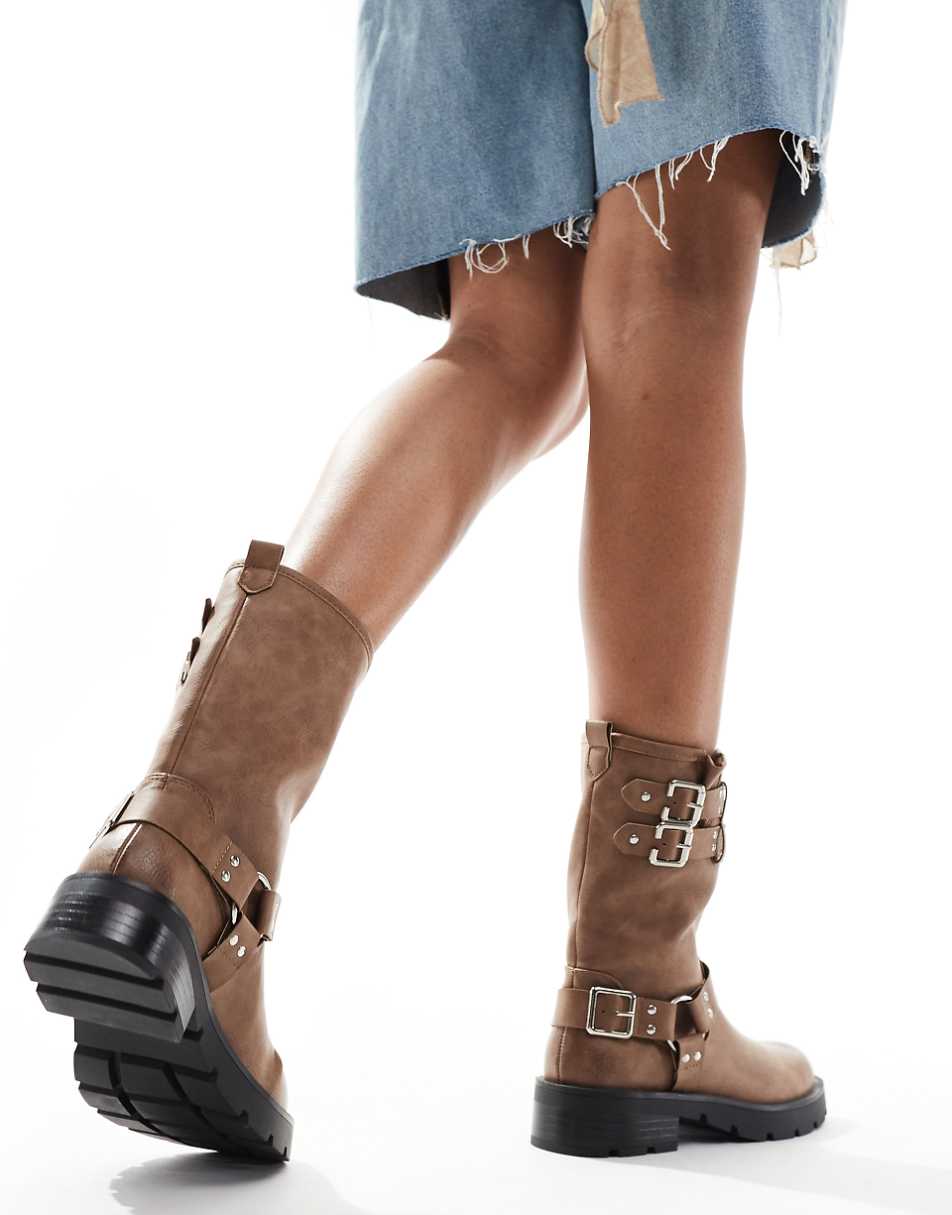 Glamorous harness biker boots in washed beige