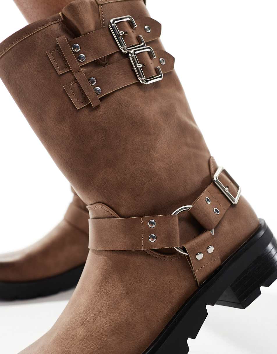 Glamorous harness biker boots in washed beige