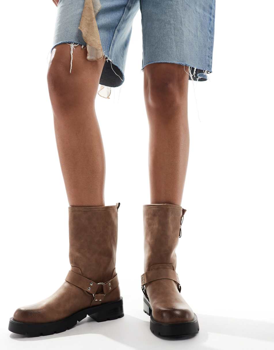 Glamorous harness biker boots in washed beige