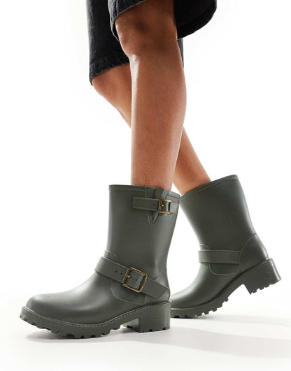 Glamorous biker rubber boots in khaki