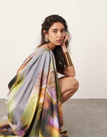 ASOS EDITION satin one shoulder flare sleeve maxi dress with ruched waist detail in blurred floral
