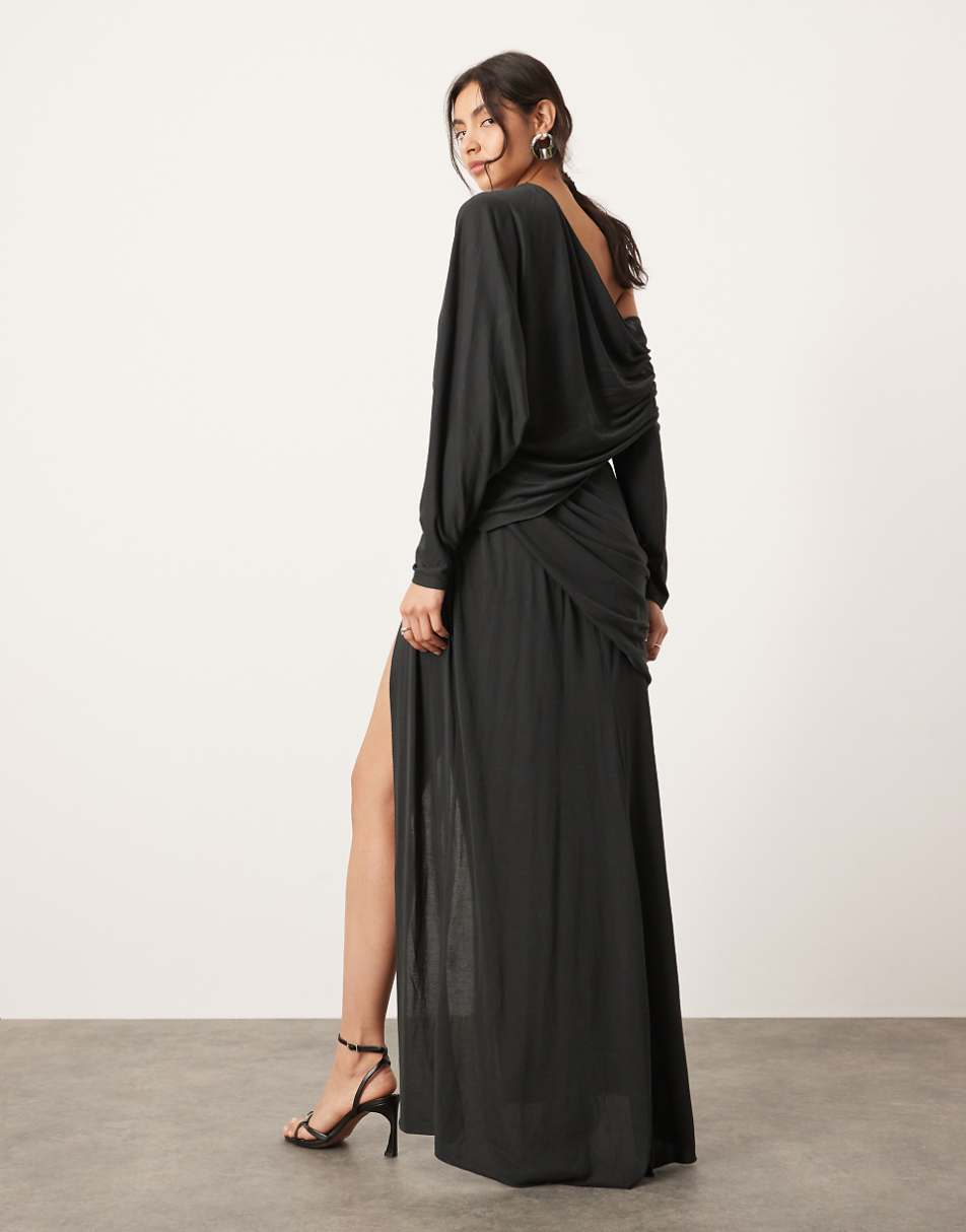 ASOS EDITION draped off shoulder maxi dress with waist detail in black